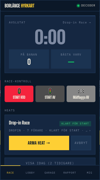 Crew-appen i en telefon: racekontroll, kommande heat och flikraden längst ned.